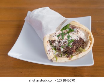 Lamb And Beef Gyro Served From A Mediterranean Food Cart In Portland, Oregon.