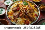 Lamb Biryani: Aromatic basmati rice layered with spiced lamb, saffron, and caramelized onions, creating a fragrant and flavorful one-pot meal loved by many.