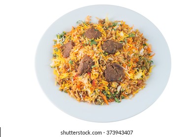 Lamb Biryani Or Indian Risotto On White Plate