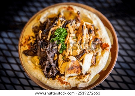 Lamb and Chicken Shwarma Split on Hummus