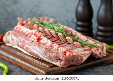 Lamb Chops. Whole Fresh Lamb Chop Or Rib Chop On Dark Background. Butcher Products. Close Up