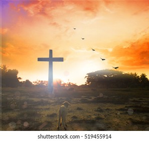 The lamb is in front of the cross
