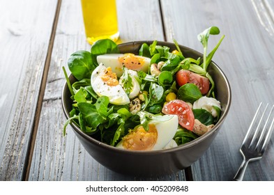 Lamb Lettuce Salad With Eggs, Roasted Nuts, Mozzarella And Corn