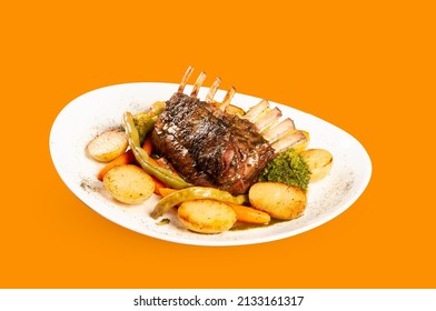 Lamb Meat Cooked And Grilled Served In White Dish With Vegetables Isolated 