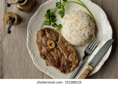 Lamb Meat (tandoori) With Rice And Parsley In White Plate.