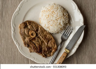 Lamb Meat (tandoori) With Rice In White Plate.