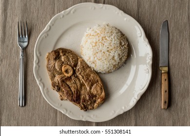 Lamb Meat (tandoori) With Rice In White Plate.