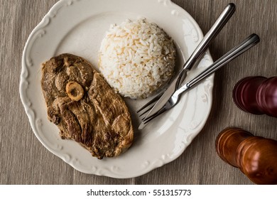 Lamb Meat (tandoori) With Rice In White Plate.