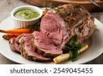 Lamb Roast with Mint Sauce: A tender roast lamb served with a tangy mint sauce, a classic dish for festive occasions and Sunday roasts in Australia.