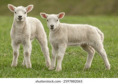 Lambs in Springtime, close up of two cute twin lambs in Springtime, stood in lush green meadow, facing front, one with her tongue poking out. Yorkshire Dales, UK. Horizontal. Copy space