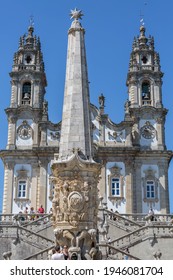 Lamego Portugal - 07 25 2019 : View at the Lamego Cathedral on the top with a huge stairway, a baroque monument, architectural and religious icon of the city