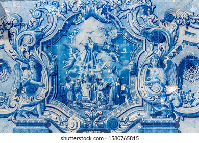 LAMEGO, PORTUGAL, MAY 26, 2019: Azulejo mosaic at staircase leading to the church of our lady of remedies in Lamego, Portugal