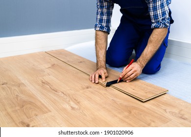 Laminate Floor Installation. Wood Flooring Carpenter Drawing Line