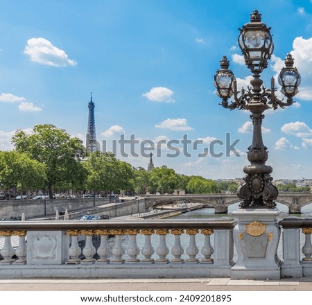 Lamp post in Alexander III bridge with Eiffel tower on the background. Paris, France