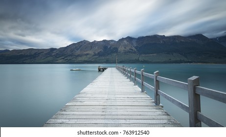 Lamp post at wooden jetty in Glenorchy, northern tip of Lake Wakatipu, Otago Region, South Island, New Zealand
