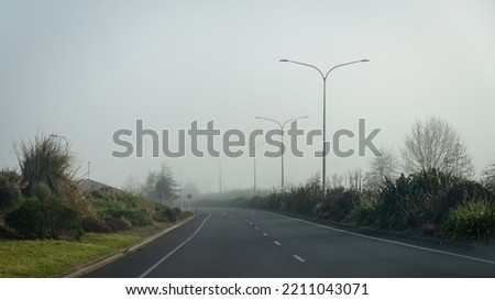 Lamp posts and 80km speed limit sign along the road in the fog. New Zealand.