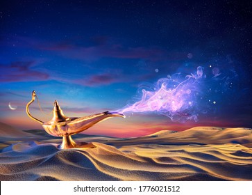 Lamp of Wishes On Sand In Desert - Genie Coming Out Of The Bottle
