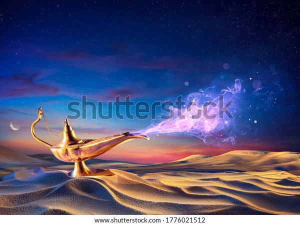 Lamp of Wishes On Sand In Desert - Genie Coming\
Out Of The Bottle\
