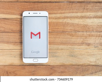 LAMPANG, THAILAND - OCTOBER 15, 2017 : OPPO F1S  with Google Gmail app logo on the display. Gmail is a most popular free Internet e-mail service provided by Google.