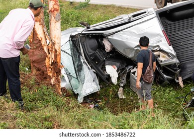 Lampang, Thailand - October 23, 2020 : Car fatal accident cashed tree cause some people died and seriously injured at Ko Kha, Lampang, Thailand. - Shutterstock ID 1853486722