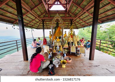 Lampang, Thailand - September 14, 2019 : Wat Chaloem Phra Kiat Phrachomklao Rachanusorn or Wat Phrabat Pu Phadaeng located on Doi Pu Yak unseen place in Chae Hom District                            