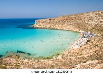 LAMPEDUSA, ITALY - JULY 16: View Of The Famous Rabbit Beach, One Of The Most Beautiful Beaches In The World, On July 16, 2013, In Lampedusa, Italy.