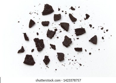 LAMPHUN, THAILAND - JUNE 13, 2019: Oreo Biscuits with crumbs on white background. It is a chocolate sandwich cookies with vanilla flavored cream.