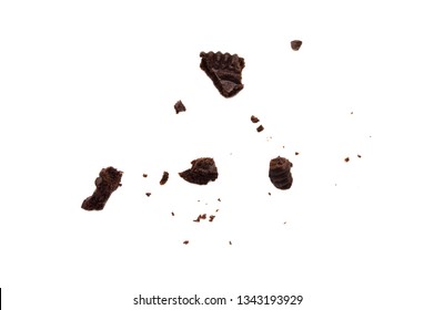 LAMPHUN, THAILAND - MARCH 19, 2019: Oreo Biscuits with crumbs  isolated on white background. It is a sandwich cookies filled with chocolate cream flavored. The best selling dessert in Thailand.