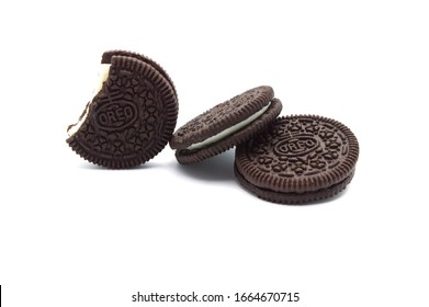 LAMPHUN, THAILAND - MARCH 3, 2020: Oreo Biscuits isolated on white background. It is a sandwich chocolate cookies with a sweet cream is the best selling dessert in Thailand. 