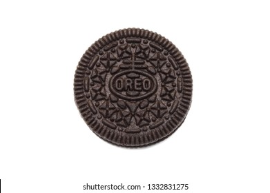 LAMPHUN, THAILAND - MARCH 8, 2019: Oreo Biscuits isolated on white background. It is a sandwich chocolate cookies with a sweet cream is the best selling dessert in Thailand. 
