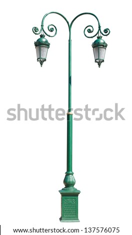 lamppost. Electric street light. Isolated on white background. green pole with two lamps on a square base. made in the old style.