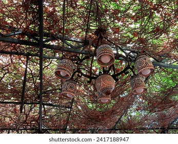 Lamps on a restaurant canopy covered with ivy. - Powered by Shutterstock