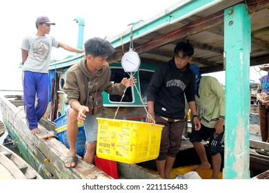 Lampung, Indonesia, 07 October 2022: Fishermen Or Crew Weigh Fish In A Basket That Has Just Been Caught On A Boat