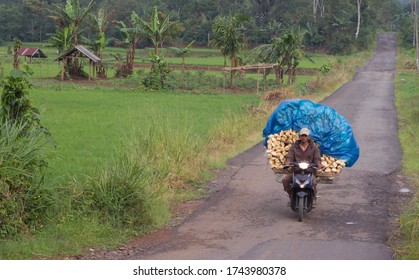 LAMPUNG, INDONESIA – MARCH 19 2014: 
a man carrying his oversized crackers using a motorcycle on a damaged asphalt road in Pekon Tribudisyukur, Kebun Tebu, Lampung, Indonesia, South East Asia.