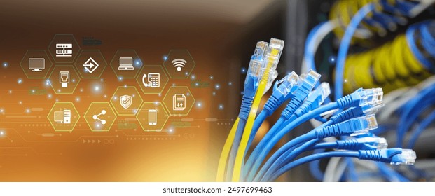 LAN internet network cable with computer data link connect cloud computing server icons for fiber optic and Ethernet cables for networking devices system switch wifi or hub router.