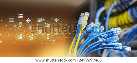 LAN internet network cable with computer data link connect cloud computing server icons for fiber optic and Ethernet cables for networking devices system switch wifi or hub router.