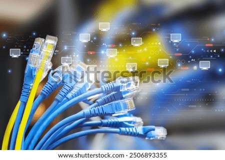 LAN internet network cable with computer data link connect cloud computing server icons for fiber optic and Ethernet cables for networking devices system switch wifi or hub router.