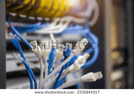 LAN internet network cable or RJ45 UTP Cat6 fiber optic Ethernet cables for computer data link wifi connect cloud computing server networking devices system switch or hub router technology.