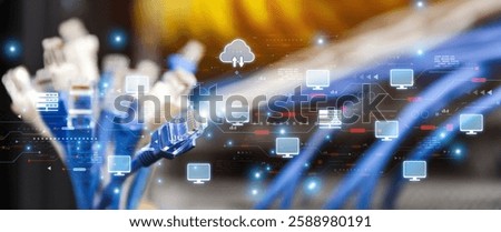 LAN internet network cable or RJ45 UTP Cat6 fiber optic Ethernet cables with cloud computing icons for computer data link file transfer or wifi connect server networking devices technology system.