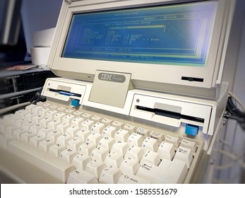 Lancaster Ohio/ USA - December 2019: Old IBM PC Convertible Computer With Floppy Drives. First Laptop Computer Released By IBM In 1986 Which Used 31/2-inch Floppy Disk Drive And DOS Operating System.