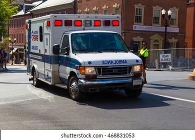 Lancaster, PA - August 4, 2016: A Lancaster EMS Ambulance With Emergency Flashing Lights Responds To Emergency Dispatch.