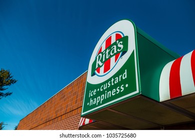 Lancaster, PA, USA - February 19, 2017:  Rita's Italian Ice Is A Chain With Over 600 Locations, Based In Trevose, PA, Which Sells Water Ice And Frozen Custard.