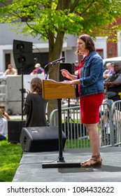 Lancaster, PA, USA - May 5, 2018: Jess King, Democrat congressional candidate for Pennsylvania’s 11th District, speaks at a political rally.
