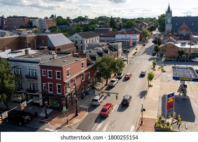 Lancaster, Pennsylvania - June 11, 2020: A high angle view of the city streets of Lancaster City in Pennsylvania.
