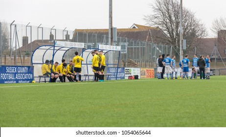 Lancing, England; 25th March 2018; Action Shots, Sunday League Amatur Football Match Between Hillside Rangers FC And AFC Beavers FC. Teams At Side Of Pitch During Half-Time