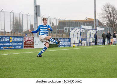 Lancing, England; 25th March 2018; Action Shots, Sunday League Amatur Football Match Between Hillside Rangers FC And AFC Beavers FC. Player Crosses Ball