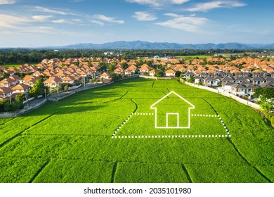 Land or landscape of green field in aerial view. Include agriculture farm, icon of residential, home or house building. Real estate or property for dream concept to build, construction, sale and buy.
 - Shutterstock ID 2035101980