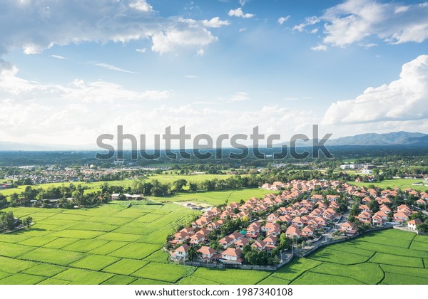 Land or landscape of green field in aerial
view. Include agriculture farm, house building, village. That real
estate or property. Plot of land for housing subdivision,
development, sale or
investment.