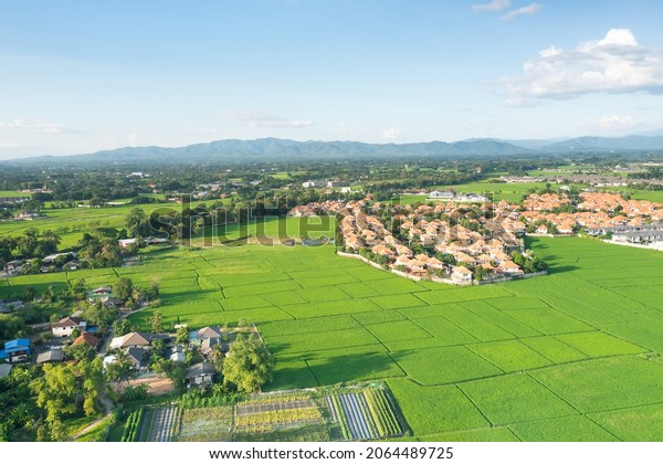 Land or landscape of green field in aerial\
view. Include agriculture farm, house building, village. That real\
estate or property. Plot of land for owned, sale, rent, buy,\
purchase and investment.