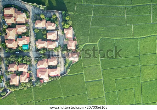 Land or landscape of green field in aerial\
view. Include agriculture farm, house building, village. That real\
estate or property. Plot of land to housing subdivision,\
development, sale or\
investment.\
